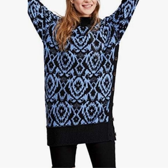 Free People Blue Black Winter Skies Print Tunic Dress Oversized Sweater Size M - Picture 6 of 13